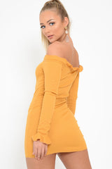 Mustard Ribbed Ruffle Long Sleeve Bardot Dress - Madison-Dresses