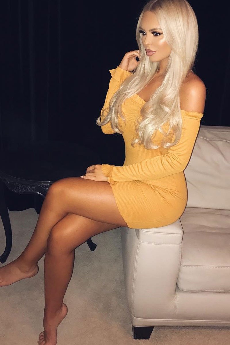Mustard Ribbed Ruffle Long Sleeve Bardot Dress - Madison-Dresses