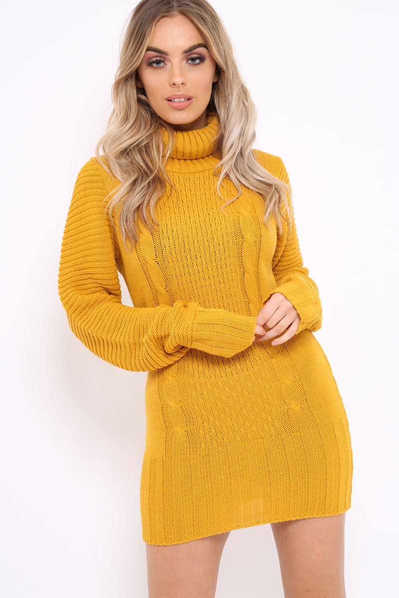 Mustard Roll Neck Chunky Knit Jumper Dress
