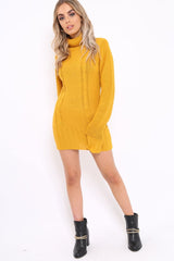 Mustard Roll Neck Chunky Knit Jumper Dress - Hydie-Dresses