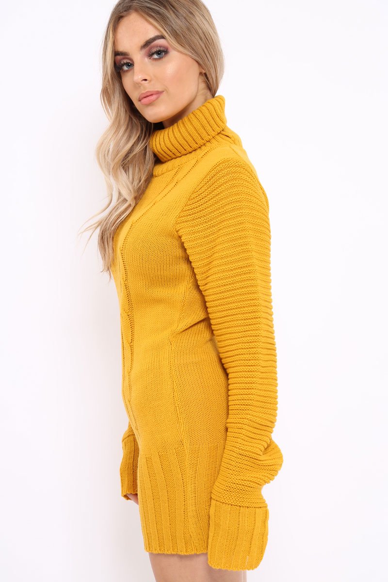Mustard Roll Neck Chunky Knit Jumper Dress - Hydie-Dresses