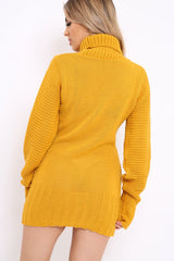Mustard Roll Neck Chunky Knit Jumper Dress - Hydie-Dresses