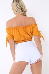 Mustard Ruched Bardot Gypsy Crop Top - Janette-Crop Tops