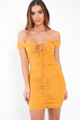 Mustard Ruched Slinky Lace Up Dress - Rosina-Dresses