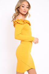 Mustard Ruffle Bardot Bodycon Dress - Alix-Dresses