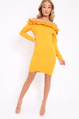 Mustard Ruffle Bardot Bodycon Dress - Alix-Dresses