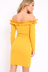 Mustard Ruffle Bardot Bodycon Dress - Alix-Dresses