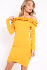 Mustard Ruffle Bardot Bodycon Dress - Alix-Dresses