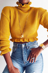 Mustard Ruffle Hem Chunky Knit Crop Jumper - Alannah-Crop Jumper