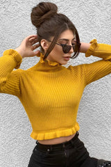 Mustard Ruffle Hem Chunky Knit Crop Jumper - Alannah-Crop Jumper