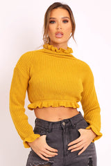 Mustard Ruffle Hem Chunky Knit Crop Jumper - Alannah-Crop Jumper