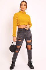 Mustard Ruffle Hem Chunky Knit Crop Jumper - Alannah-Crop Jumper