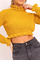 Mustard Ruffle Hem Chunky Knit Crop Jumper - Alannah-Crop Jumper