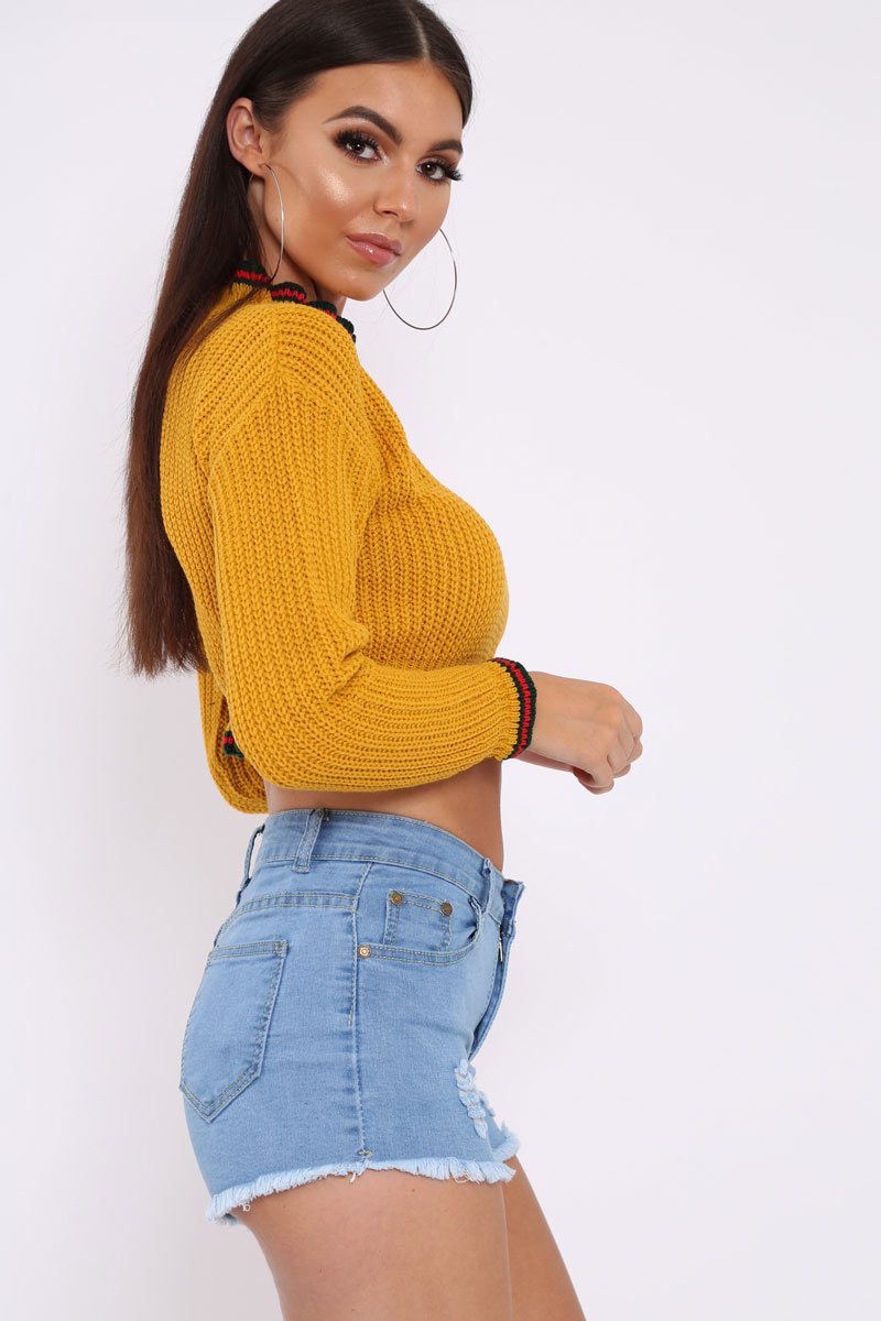 Mustard Ruffle Hem With Stripe Trim Chunky Knit Crop Jumper - Alannah-Crop Jumper