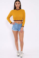 Mustard Ruffle Hem With Stripe Trim Chunky Knit Crop Jumper - Alannah-Crop Jumper