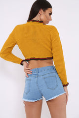 Mustard Ruffle Hem With Stripe Trim Chunky Knit Crop Jumper - Alannah-Crop Jumper
