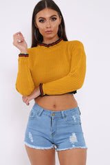 Mustard Ruffle Hem With Stripe Trim Chunky Knit Crop Jumper - Alannah-Crop Jumper