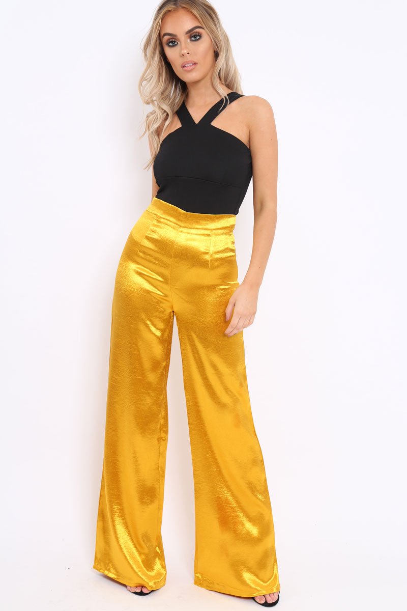 Mustard Satin High Waist Flare Trousers -Tisha-Trousers