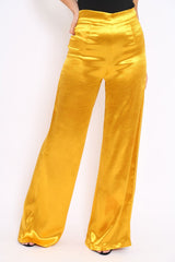 Mustard Satin High Waist Flare Trousers -Tisha-Trousers