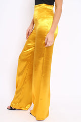 Mustard Satin High Waist Flare Trousers -Tisha-Trousers