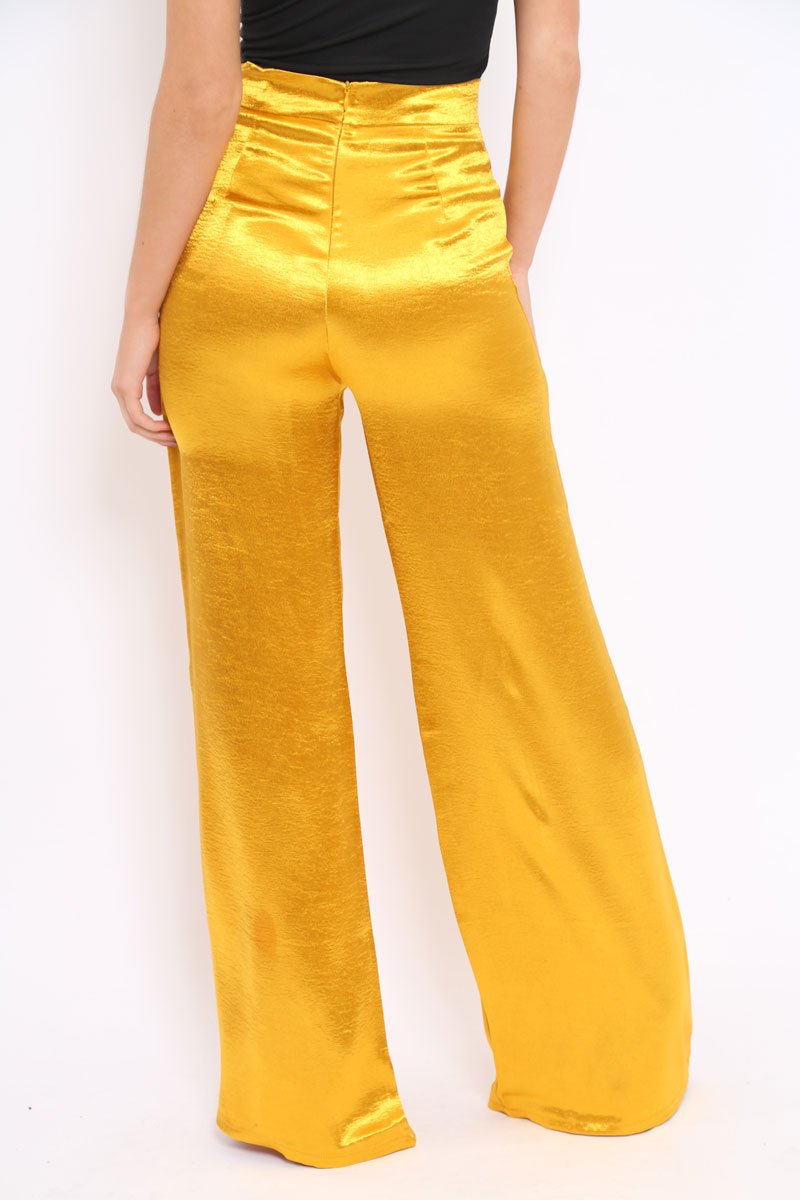 Mustard Satin High Waist Flare Trousers -Tisha-Trousers