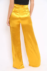 Mustard Satin High Waist Flare Trousers -Tisha-Trousers