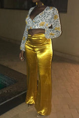 Mustard Satin High Waist Flare Trousers -Tisha-Trousers