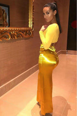 Mustard Satin High Waist Flare Trousers -Tisha-Trousers