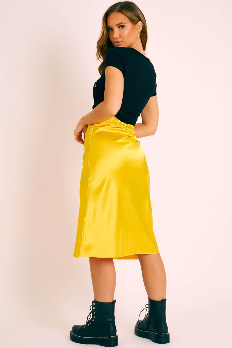 Mustard Satin High Waist Floaty Midi Skirt - Dasha-Skirts