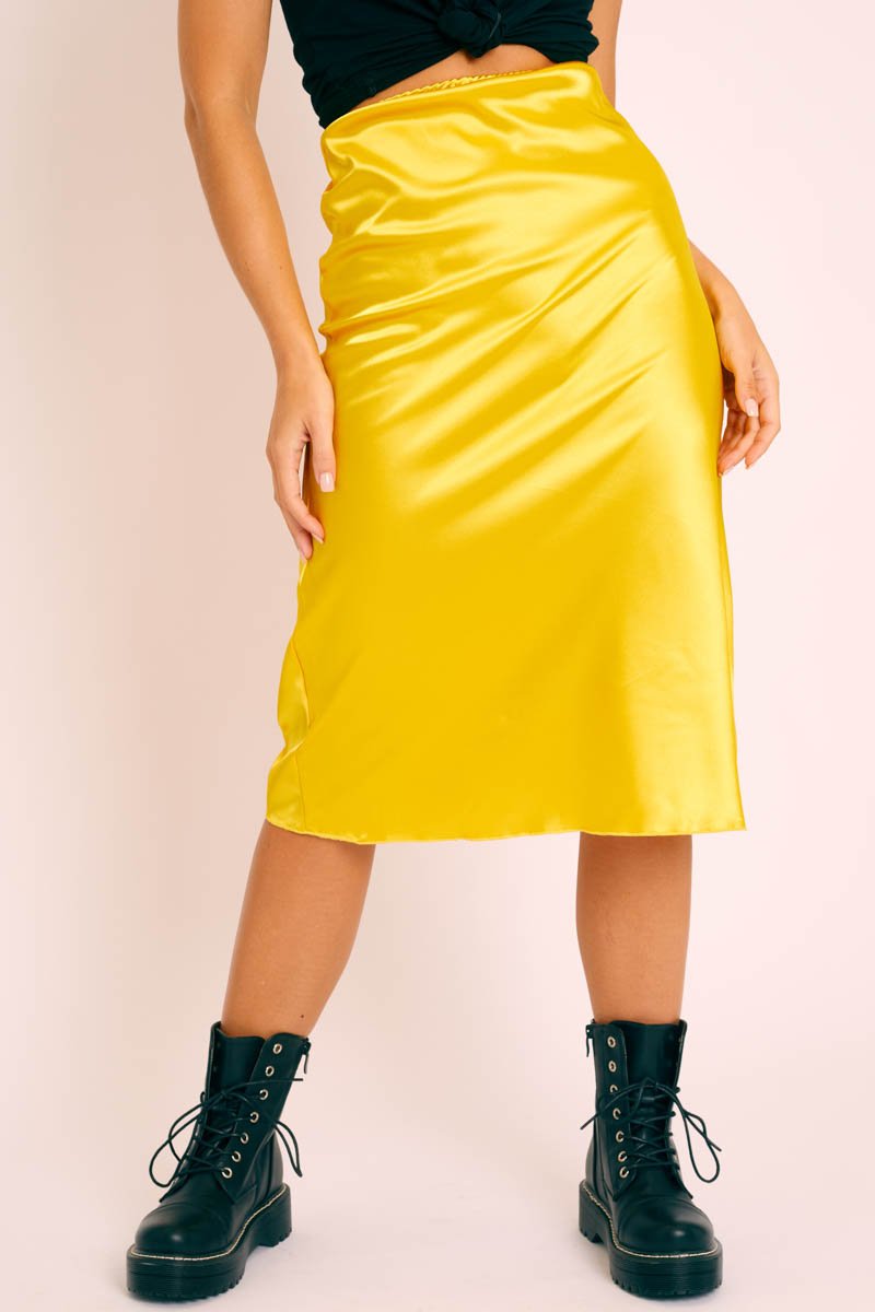 Mustard Satin High Waist Floaty Midi Skirt - Dasha-Skirts