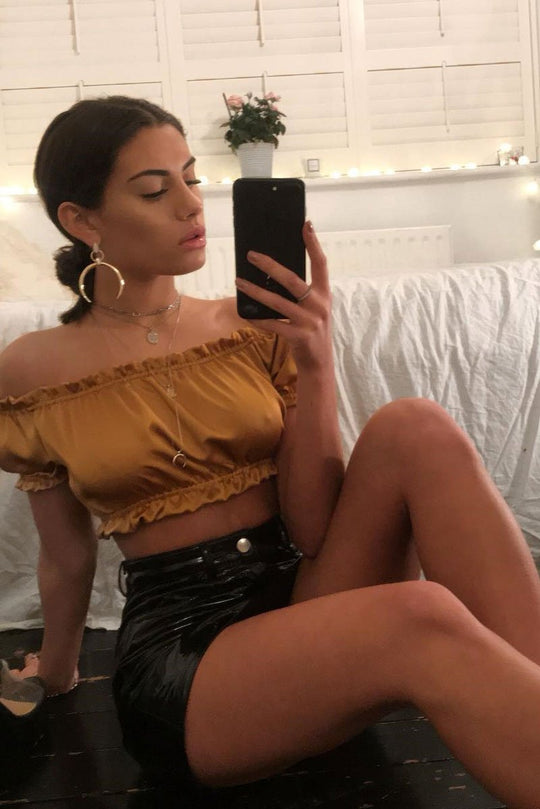 Mustard Satin Ruched Bardot Gypsy Crop Top - Becky