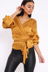 Mustard Satin Ruffle Sleeve Wrapover Top - Susie-Tops