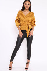 Mustard Satin Ruffle Sleeve Wrapover Top - Susie-Tops
