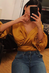 Mustard Satin Ruffle Sleeve Wrapover Top - Susie-Tops