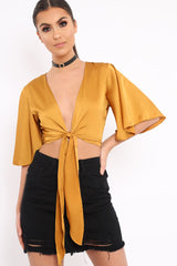 Mustard Satin Tie Crop Top - Alara-Crop Tops