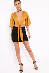 Mustard Satin Tie Crop Top - Alara-Crop Tops