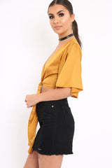 Mustard Satin Tie Crop Top - Alara-Crop Tops