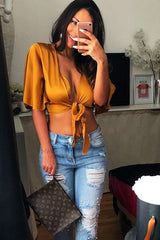 Mustard Satin Tie Crop Top - Alara-Crop Tops