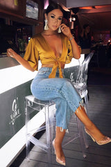 Mustard Satin Tie Crop Top - Alara-Crop Tops
