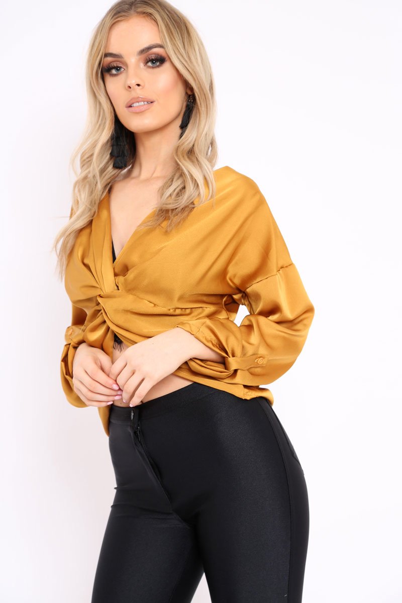 Mustard Satin Twist Knot Front Top - Susanne-Tops