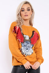 Mustard Sequin Embellished Rock Eagle Slogan Sweatshirt - Zaria-Sweatshirts