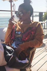 Mustard Sequin Embellished Rock Eagle Slogan Sweatshirt - Zaria-Sweatshirts