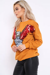 Mustard Sequin Embellished Rock Eagle Slogan Sweatshirt - Zaria-Sweatshirts