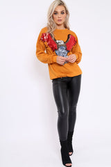 Mustard Sequin Embellished Rock Eagle Slogan Sweatshirt - Zaria-Sweatshirts