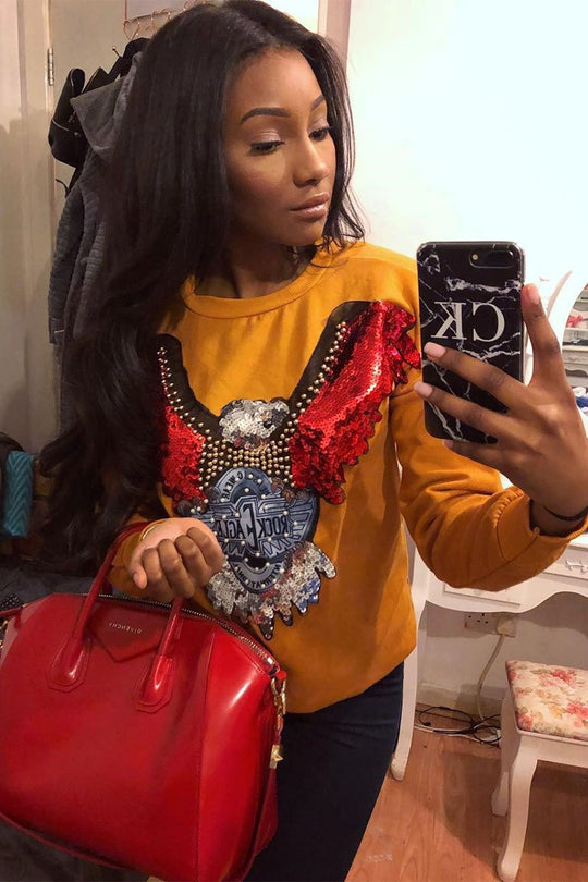 Mustard Sequin Embellished Rock Eagle Slogan Sweatshirt - Zaria