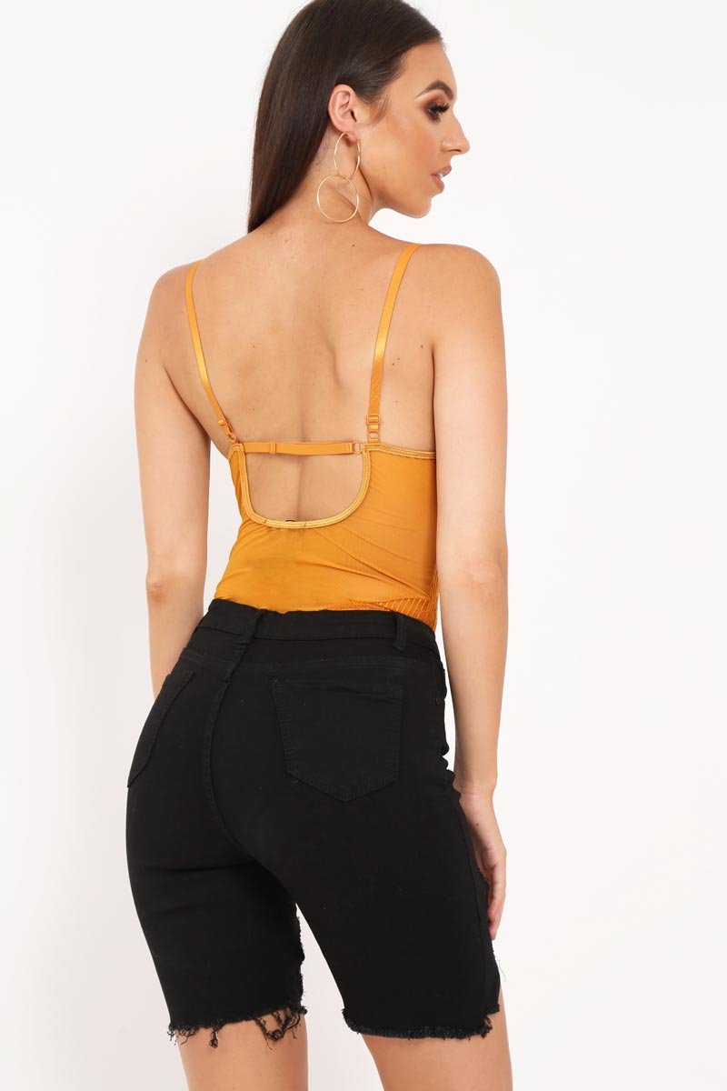 Mustard Sheer Lace Bodysuit - Katia-Bodysuits