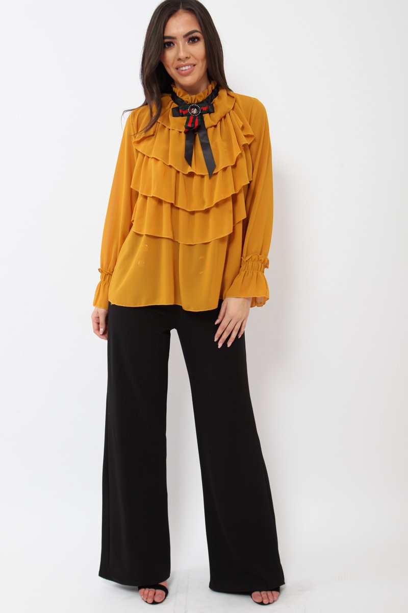 Mustard Sheer Ruffle Blouse with Striped Neck Tie - Viktoria-Shirts