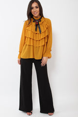 Mustard Sheer Ruffle Blouse with Striped Neck Tie - Viktoria-Shirts