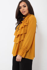 Mustard Sheer Ruffle Blouse with Striped Neck Tie - Viktoria-Shirts