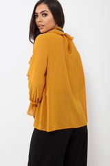 Mustard Sheer Ruffle Blouse with Striped Neck Tie - Viktoria-Shirts